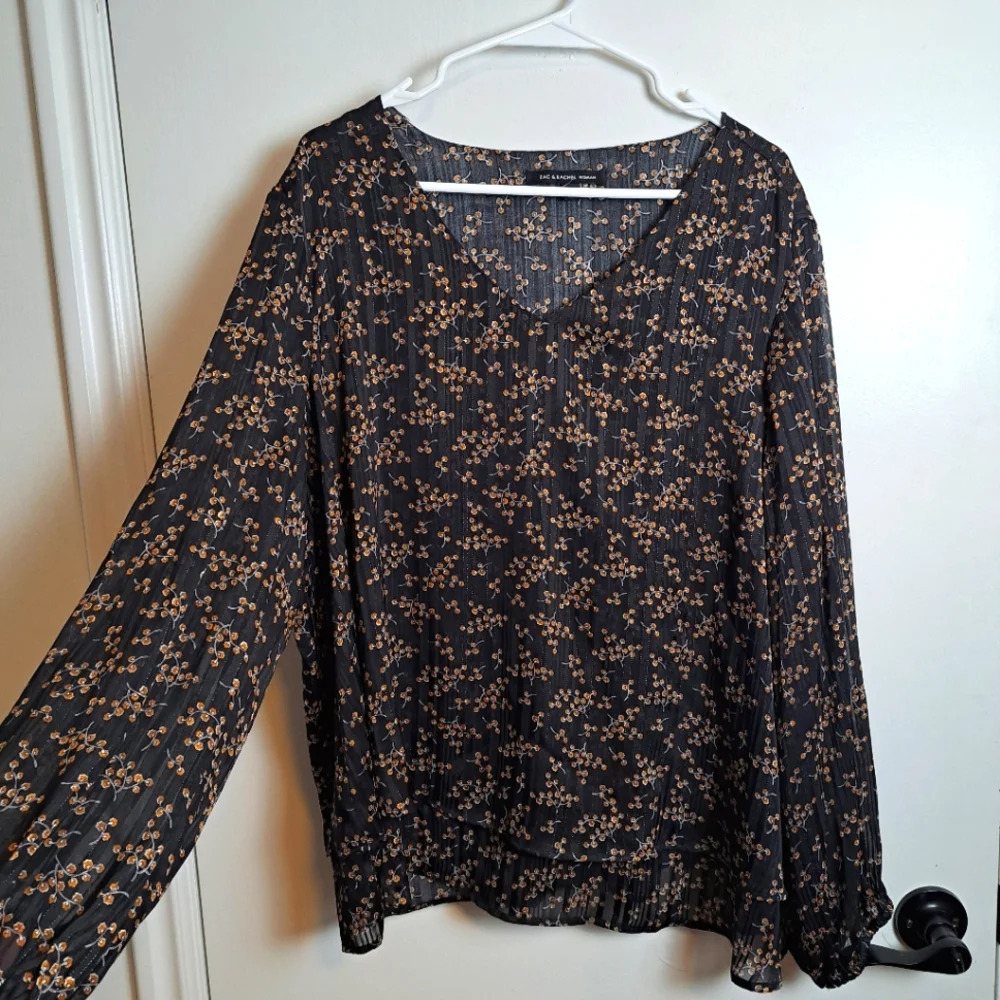Zac & Rachel Black Orange Floral Boho Whimsigoth Chiffon Long Sleeve Blouse 2X